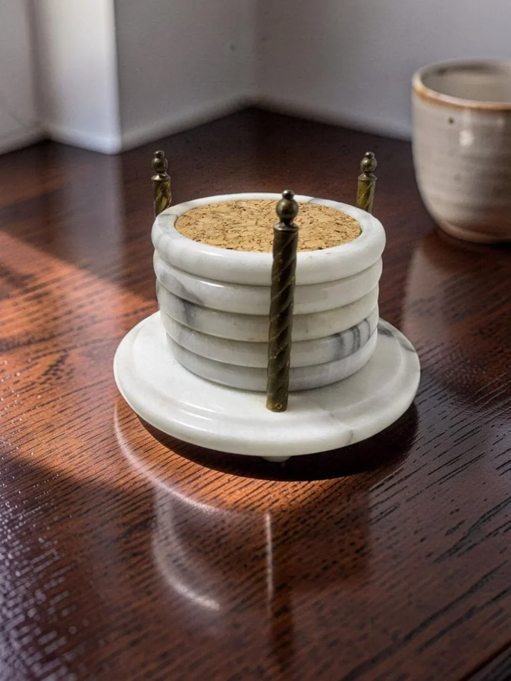 Vintage Brass and White and Gray Marble Set of 5 Cork Coasters